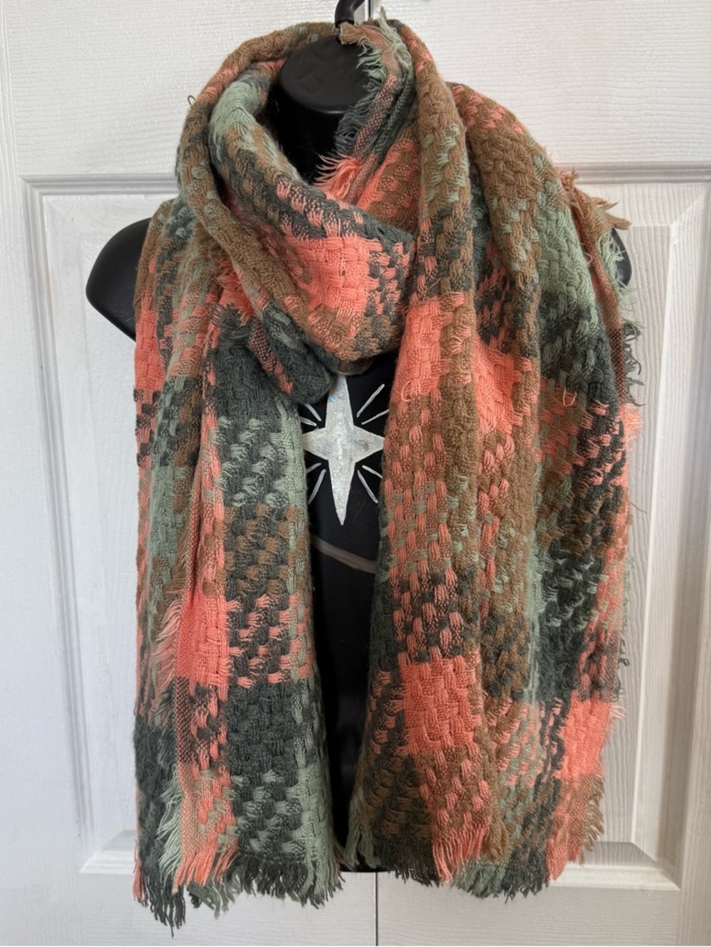 Women's Oversized Coral & Olive Plaid Scarf
